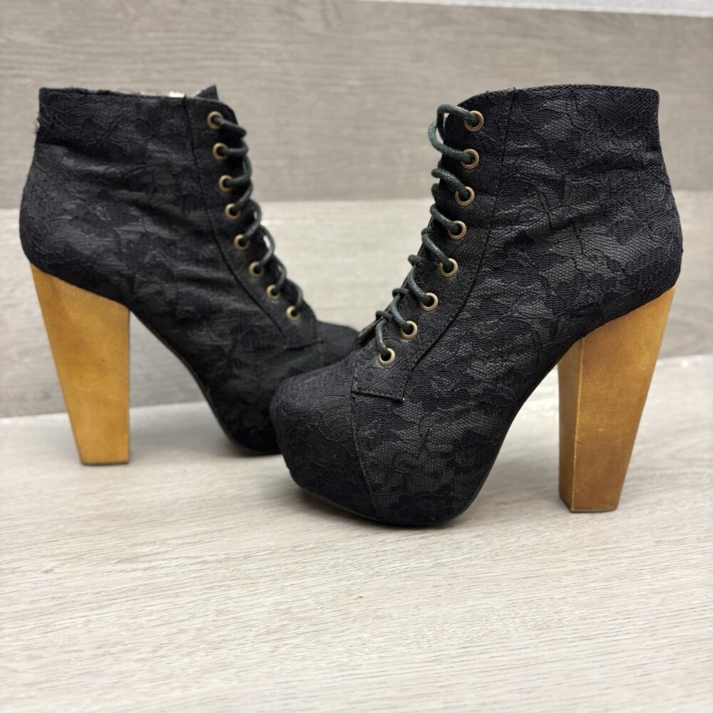 Truffle Black Lace Bootie Platform Wood Heel Goth Victorian Ankle Boots EU 36